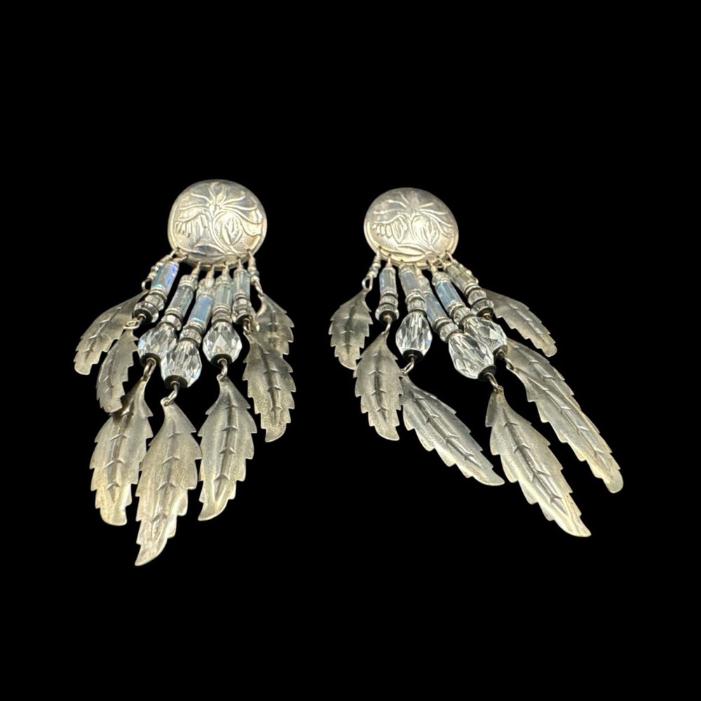 Vintage Sterling Silver Signed Tabra Rainbow Crystal Dangle Feather Earrings 4” - Picture 2 of 5